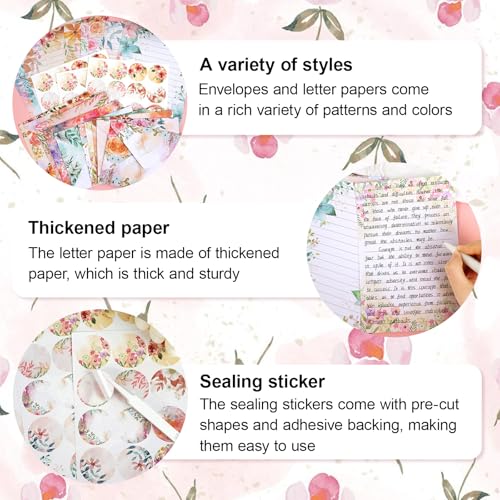 160 Pcs Stationery Set with Envelopes, 50 A5 Sheets of Stationery (10 Designs) with 50 Envelopes and 60 Stickers, Letter Writing Stationery for Home, Office, School, Set H - color: Simple floral stationery