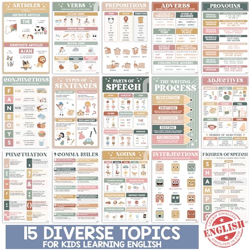 BEAWART Parts of Speech Posters, 15 Pack 11x17 Boho English Charts - color: Boho Parts Of Speech