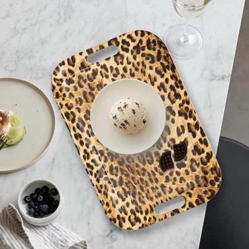 Serving Trays with Handles, 14.5 x 9.8 inch Rectangular Plastic Tray for Restaurant, Kitchen, Brown Leopard - color: Brown Leopard