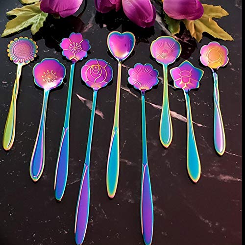 9 Pcs Flower Spoon Coffee Teaspoon, ESRISE Stainless Steel Tea Spoon(Multi) - color: Multicolor
