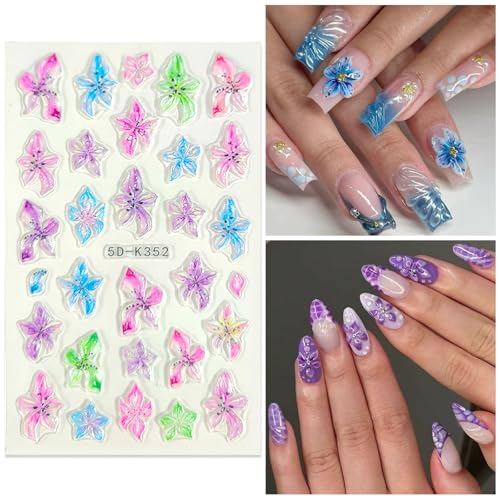Flower Nail Stickers for Nail Art Rainbow Nail Decals for Women - color: Colorful-15
