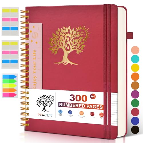 PERCUN Spiral Notebook 300 Numbered Lined Pages Hardcover Journal 8.5"x11" - color: Red, size: A4 size (8.5in x 11.5in)