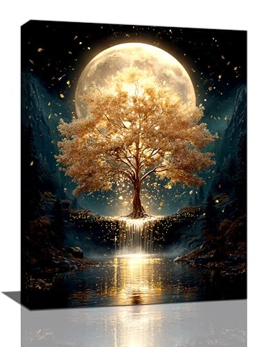 Golden Tree Wall Art Fantasy Tree with Moon and Waterfall Canvas Wall Decor Pictures Paintings Prints Mystical Nature Artwork Framed De corations For Meditation Space Bathroom Bedroom Living Room Office Gifts 12" x 16" - color: Golden Tree, size: 16"L x 1