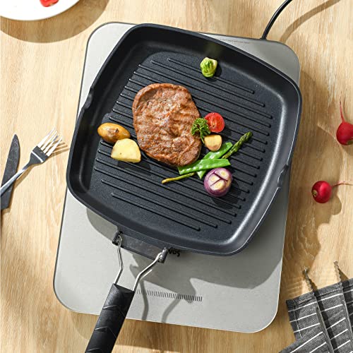S·KITCHN Grill Pan with Folding Handle, Nonstick Grilling Pan for Stove Tops, Induction Compatible Square KBBQ Pan with Pour Spouts - 9IN - size: 9 IN
