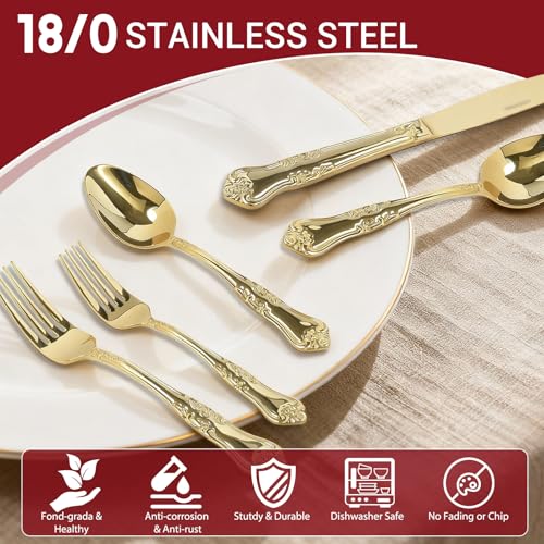 Silverware Set,Stainless Steel Flatware Cutlery Set with Floral Handles,Included Knife Spoon and Fork, Mirror Polished Cutlery Utensil Sets for Home Kitchen Restaurant Wedding, Party - color: Gold, size: 40 pieces for 8