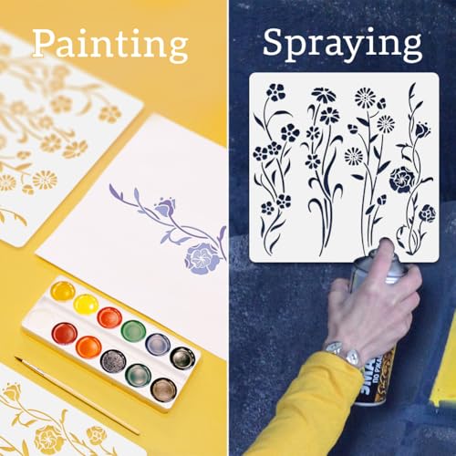 12 Pattern Leaf Vine Flower Wall Stencil Templates 11.8" x 11.8" Reusable Plastic Leaves Floral Stencils for Painting on Wood Wall Floor Fabric Glass Furniture, Vine DIY Home Decor Stencil - style: Vine A