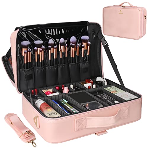 Relavel Makeup Case Large Makeup Bag Professional Train Case 16.5 inches Travel Cosmetic Organizer Brush Holder Waterproof Makeup Artist Storage Box, 3 Layer Large with Adjustable Strap (Pink) - color: Pink, size: Large