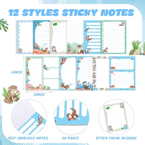 Dispowreath 24 Pcs Otter Sticky Notes with Pens Themed Gifts Self Adhesive Notepad Cute Memo Notes Pads Black Ink Ballpoint Pen for Otter Lover Gifts Office School Students Teacher Supplies - style: Otter
