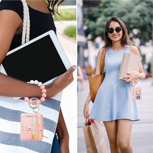 COOLANS Silicone Bracelet Wristlet Wallet Credit Card Holder RFID ID Window Key Ring Tassel Slim Wallet Women Keychain Purse - color: Pink