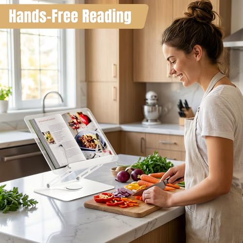 HAUTOCO Adjustable Acrylic Book Stand for Reading, 360° Rotating Base, Foldable Desktop Book Holder with Elastic Page Clips, Hands-Free Cookbook Stand for Laptop, Tablet, Recipe, Textbook, Music Score - color: White