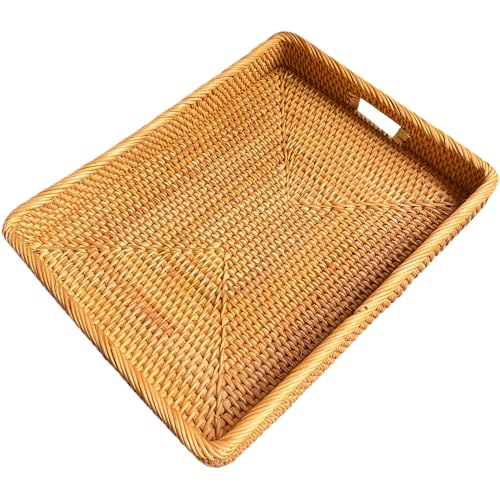 i-lan 17-Inch Large Rectangular Rattan Serving Tray with Handles