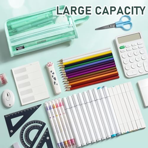 Four Candies Grid Mesh Pencil Case, Clear Double-layer with Handle (Green) - color: Green