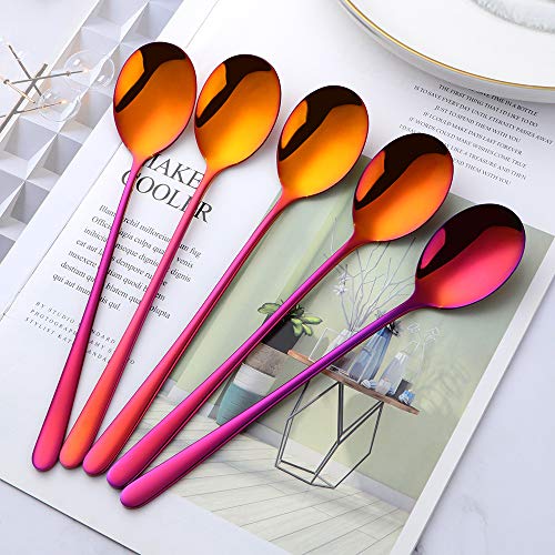 Buyer Star 5-pieces Rainbow Red Dinner Table Spoons 8-Inch Stainless Steel Metal Korean Soup Spoons - color: rainbow red