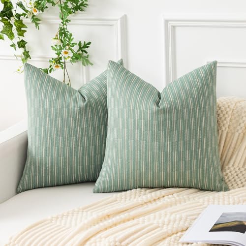 Kevin Textile Pillow Covers, Square Throw Pillow Covers Set of 2, Spring Boho Woven Texture Linen Decorative Burlap Pillow Cases for Couch Bedroom Living Room, 18x18 inch, Sage Green - color: A-sage Green, size: 18" x 18" (Pack of 2)
