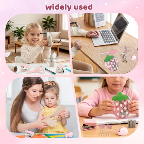 Strawberry Mini Office Supply Kit, Pink, with Stapler, Tape Dispenser, Scissors, Hole Punch, Binder Clips, Sticky Notes and Staples