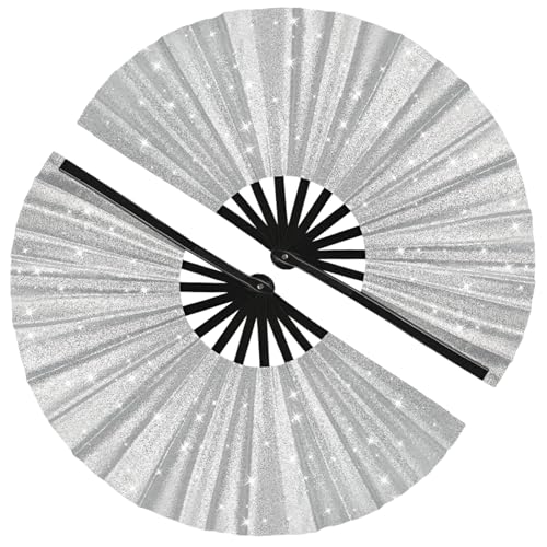 2 Pack Glitter Large Folding Hand Fans for Line Dancing, Popping Fan Large Rave Hand Fan for Boots On The Ground Dance, Concert, Party, Festival, Home Decorations(Silver) - color: 2 Silver