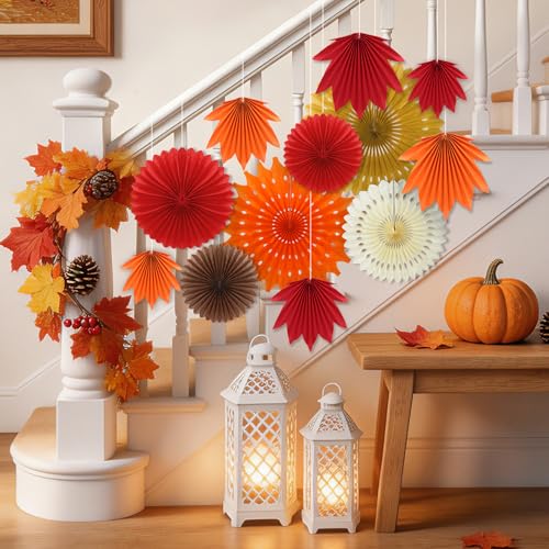 NOVWANG 12Pcs Fall Paper Fan Decorations 6 Maple Leaves and Round Hanging Paper Fans Classroom Office Decoration for Thanksgiving Autumn Harvest Rustic Party Birthday Wedding Decor - style: Maple Leaves