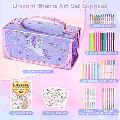 nasominako Washable Scented Markers Set for Kids - Unicorn Coloring Art Supplies Set for Kids Ages 4-8 Birthday Gifts for 4-8 Year Old girls Unicorn Pencil Case 54 PCS - color: Purple