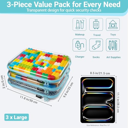 YQBRAO Clear Hard Shell Zipper Cases, 3 Large Travel Organizers, Blue - color: Blue, size: 3 Pack(L)