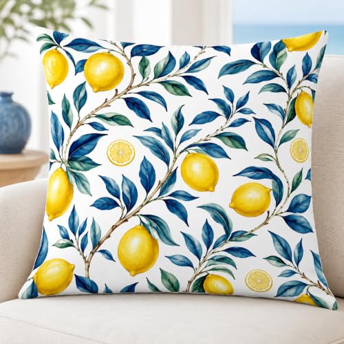 Lemon Branch Pillow Cover Blue Leaf Botanical Citrus Coastal Decor 18x18 - color: Yellow Lemons