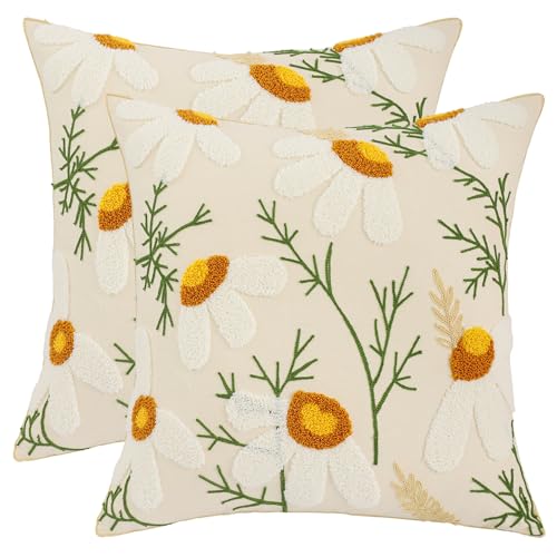 LUOYEHK White Daisy Pillow Covers 18x18 Inch Pack of 2 Embroidered Throw Pillow Covers Decorative Pillow Cases Spring Farmhouse Floral Tufted Cushion Covers for Couch Sofa Bed Living Room - color: White Daisy