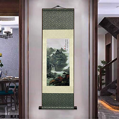 AtfArt Silk Scroll Painting, Asian Wall Art, Waterfall Landscape, 36.2x12in - color: A1