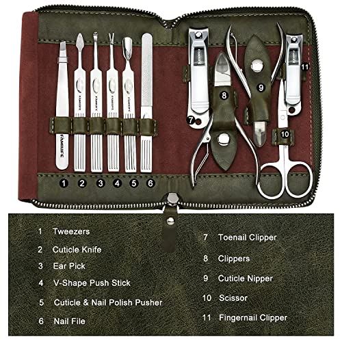 FAMILIFE Stainless Steel Manicure Set 11-in-1 Professional Nail Clipper Kit - color: Dark Green