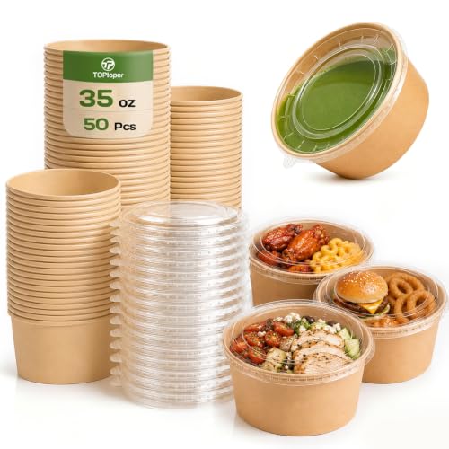 TOPtoper 50 Pack 35 Oz Large Paper Bowls with Lids, Heavy Duty Paper Bowls for Party, Disposable Bowls Bulk Leakproof and Microwave Safe for Hot/Cold Use (35 OZ) - size: 35 OZ