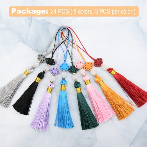 Beautyflier 24PCS Chinese Knot Tassel Pendant for Phone Case, Mini Mala Tassels with Hanging Loop, Jade Beads and Charms for Home Office Decor, Car Hanging Decoration, Graduation (8 Colors #2) - color: 8 Colors #2