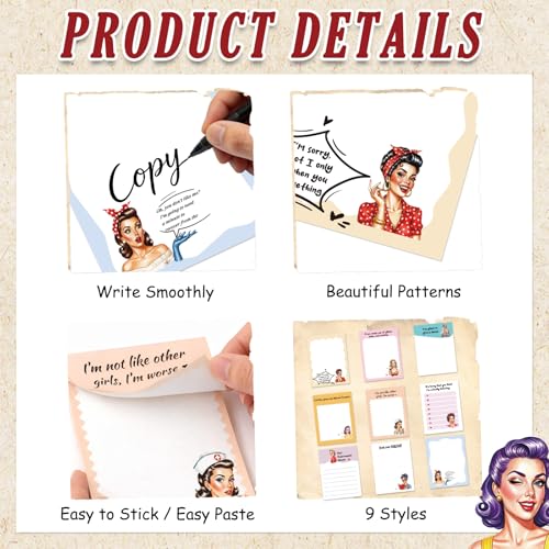 9 Pcs Funny Sticky Notes, Funny Sarcastic Word Self-Adhesive Notes for Women Man, Playful Memo Pad to Do List for Office Worker Coworker Friends Work Accessories - color: Vintage Women