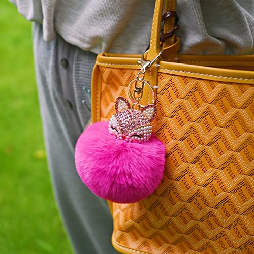 Faux Rabbit Fur Pom Pom Keychain with Fox Head - color: Rose Red