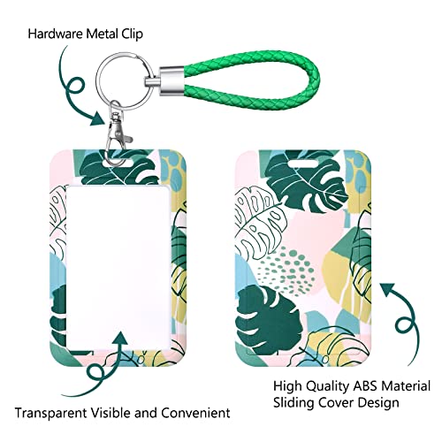 ID Card Badge Holder Key Chain with Metal Keyring, Plastic Slide Open with ID Window for Women Men Girls Students,Green Plant 5 Leaves - color: 5 Lesves