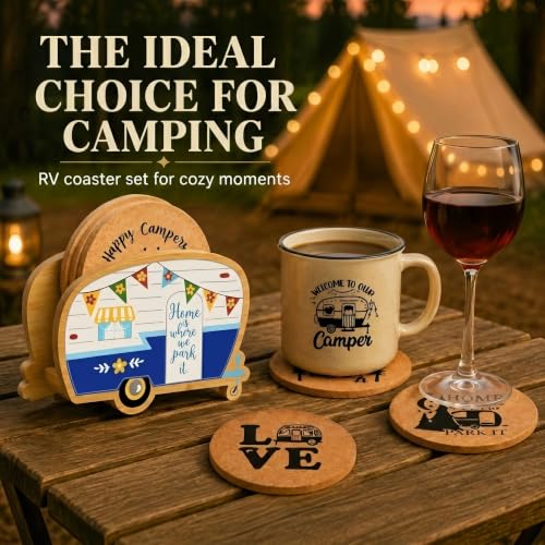 Cool Happy Camper RV Coasters Set of 4 with Holder - color: New Blue
