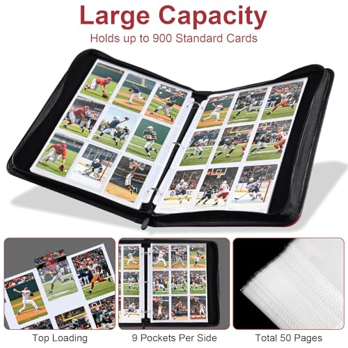 50 Pack 9 Pocket Card Binder, 3 Ring Premium Zip Trading Card Binder, 900 Large Capacity Top Loading Card Storage Album, PU Card Collection Binder for TCG, MTG, Baseball Hockey Sport Cards, Red - color: Red