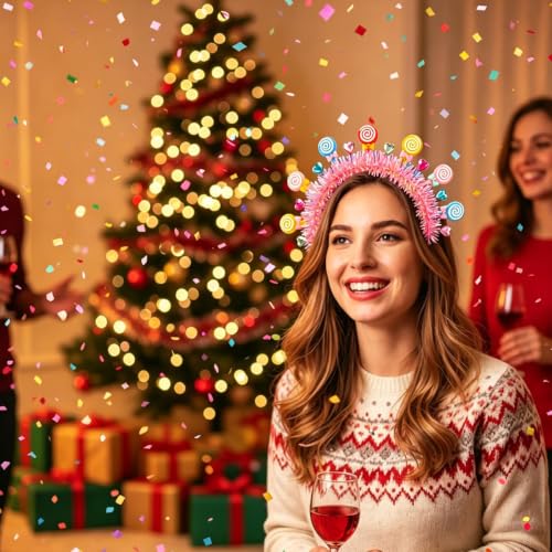 1 Pcs Candy Headband Lollipop Hairband with Pom Pom Bow, Rainbow Tinsel Hair Accessory for Christmas Costume Party Gift (Single-Layer)