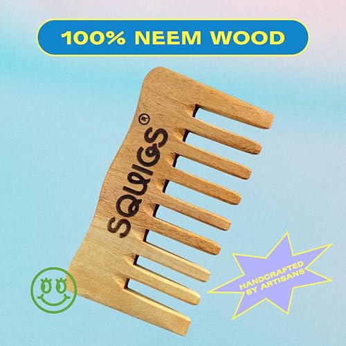 Squigs Beauty Neem Wooden Comb for Women & Men – Handcrafted Pocket-Sized Wide-Tooth Comb for Hair Detangling, Scalp Massage, Oil Distribution & Anti-Breakage – Pure Neem Wood for Hair Growth