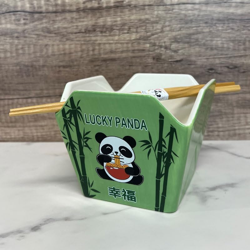 Urban Tokyo Chinese Takeout Box Style Porcelain Bowl With Chopsticks 18 fl oz Square Shape Rice Noodles Pasta To Go Box Shaped Bowl Microwave Dishwasher Safe (Hungry Panda) - color: Hungry Panda