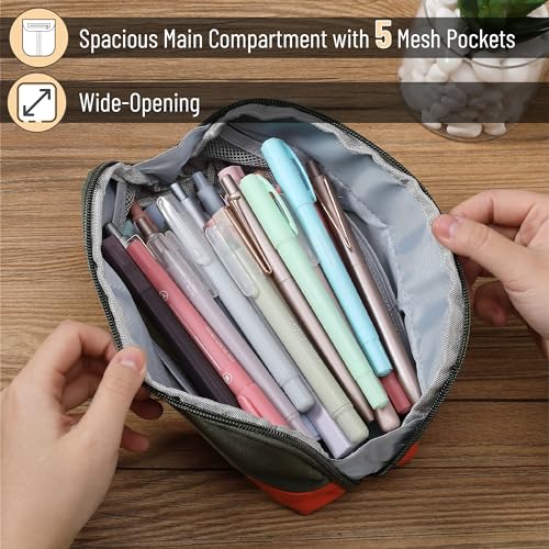 Mr. Pen- Wide-Opening Pencil Case, Triangle Design - color: Olive Green & Orange