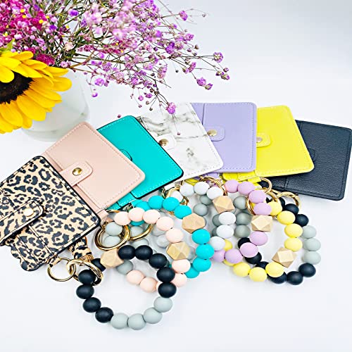 Keychain Wallet Wristlet Small Credit Card Holder Bracelet Key Chain Purse Bangle Tassel Beads Key Rings for Women - color: 01-marble