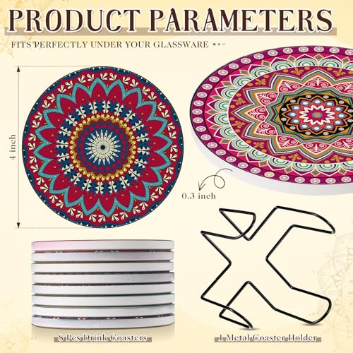 Patelai 8 Pcs Blue Ceramic Coasters Set with Holder, Mandala Style - style: Mandala Style