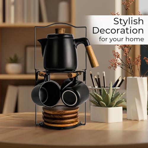 MIAMIO - Teapot Set with 4 Cups & Rack (34/10 oz) with Infuser (Black) - color: Black