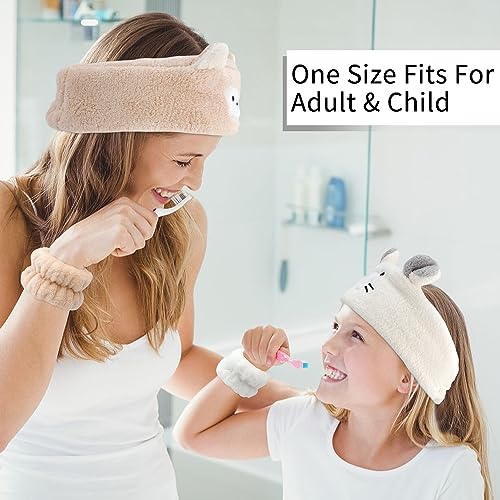 AHONEY Face Wash Headband and Wristband Set, Cute Makeup Spa Skincare Headbands Wrist Bands for Washing Face Headband for Women Girls Elastic Hair Band (White&Khaki) - color: Khaki&White