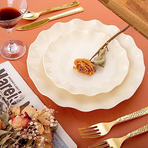 LIYH 24 Pcs Plastic Plates Reusable,Unbreakable Dinner Plates, Scalloped Plastic Plates, Dishwasher Safe,Ivory Plate Sets Perfect for Parties, Birthday, Picnics, BPA Free(12Guests) - color: 24 Beige, size: 24(12 Guests)