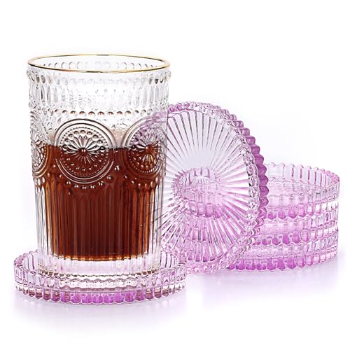 JUXYES 5 Pack Clear Purple Crystal Coasters Round Cup Mat, Glass Coasters for Drinks Coffee Tea Wine, Decorative Wine Bottle Coaster, Crystal Drink Coasters for Restaurant bar Kitchen Dining Table - color: Purple, size: 5 Pack