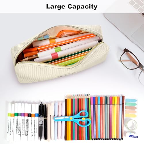 FINPAC Pencil Case, Corduroy Aesthetic Makeup Bag - color: Beige
