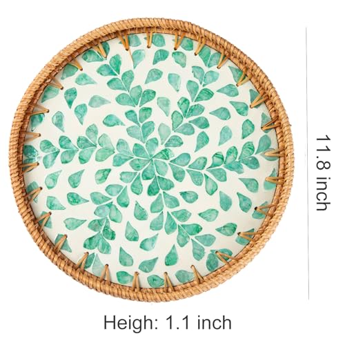 Round Rattan Tray with Mother of Pearl Inlay, Coffee Table Wicker Tray with Wooden Base, Decorative Trays for Home Decor and Display of Coffee Food Fruit Bread (Green Wicker)