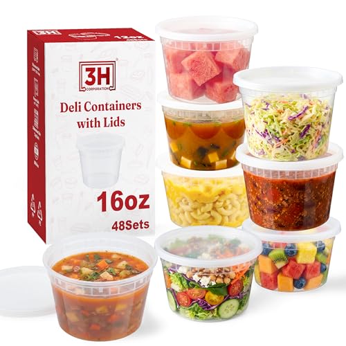 16oz Deli Containers with Lids (48 Sets) Plastic Pint Containers With Lids, BPA Free Microwave Safe Leakproof Stackable Freezer Containers With Lids for Overnight Oat, Food Storage - size: 16 oz - 48 Sets