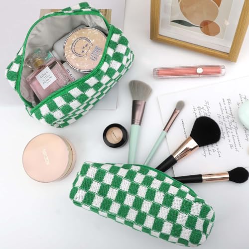 EIMMBD Makeup Bag 3 Pieces Large Capacity Checkered Cosmetic Bags Travel Toiletry Bag Organizer Cute Makeup Pouch Storage for Women (Green) - color: Green