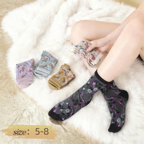 5/6 Pair Crew Socks for Women Floral Socks - color: White, Light Blue, Black, Yellow and Purple