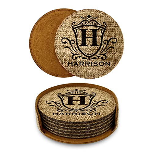 Smile Art Design Family Personalized Monogram COASTER Set of 6 with base Round Burlap Material Family Name Personalized Prints House warming Wedding Gift Dining Room Kitchen Rustic Decor Style4 - color: Style 04, size: Set of 6 - Round Coaster